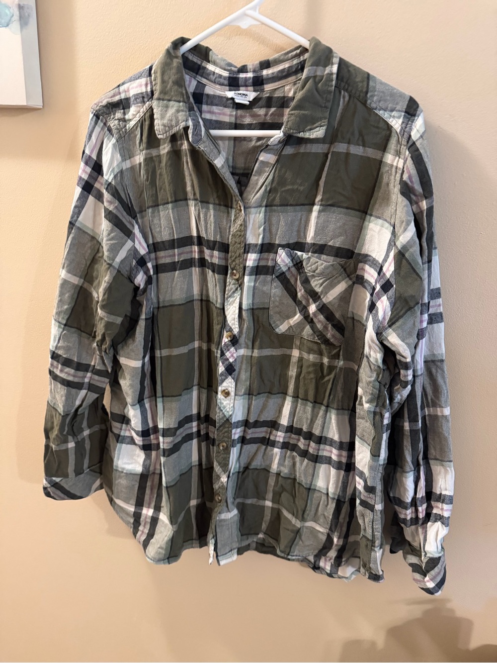 Sonoma Casual Olive Plaid Men's Button-Up Shirt size xxl